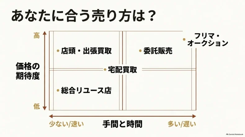 価格の期待度と手間・時間の軸で、店頭・出張買取、宅配買取、委託販売、個人売買を比較した図