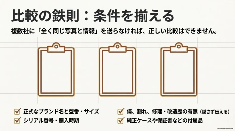 複数社へ同じ写真と情報を送り、ブランド名・型番・サイズ、傷や修理歴、付属品など条件を揃える要点
