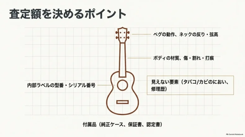 ペグやネック、弦高、ボディ材質や傷、内部ラベル、におい・修理歴、付属品など査定ポイント