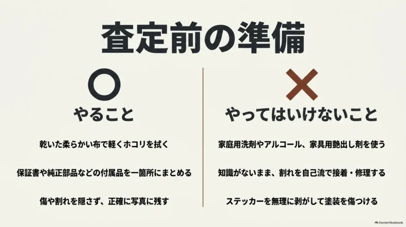査定前に軽い乾拭きや付属品整理、傷の撮影を行い、強い洗剤や自己流修理を避ける注意点