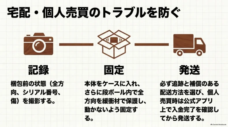宅配・個人売買で、梱包前の状態を記録し、緩衝材で固定して追跡・補償のある方法で発送する手順