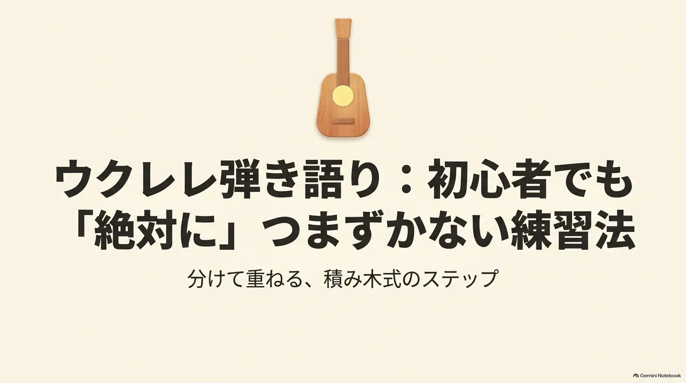 ウクレレのイラストと「初心者でも絶対につまずかない練習法」「分けて重ねる、積み木式のステップ」というタイトル