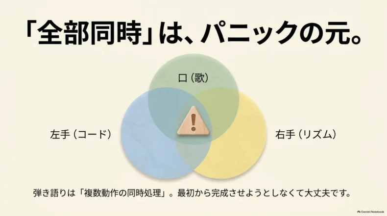 左手のコード、右手のリズム、口の歌を重ねて行う弾き語りを三つの円で示した図