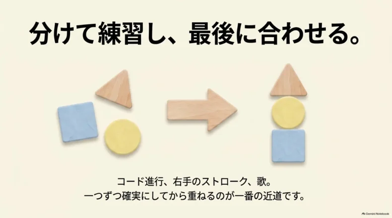 コード進行、右手のストローク、歌を一つずつ練習し、最後に組み合わせる流れを積み木と矢印で示した図