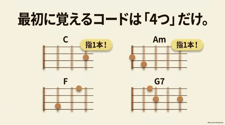 初心者が最初に覚えるC、Am、F、G7の四つのコードフォームと押さえる位置を示した図