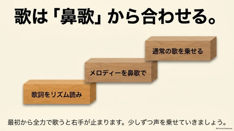 歌詞のリズム読み、鼻歌でメロディー、通常の歌を乗せるという三段階で歌を伴奏へ合わせる方法