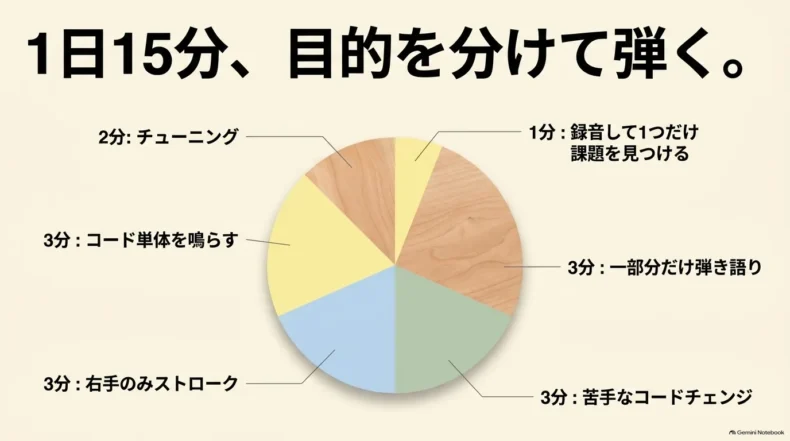 15分の練習をチューニング2分、コード3分、コードチェンジ3分、ストローク3分、弾き語り3分、録音1分に分けた円グラフ