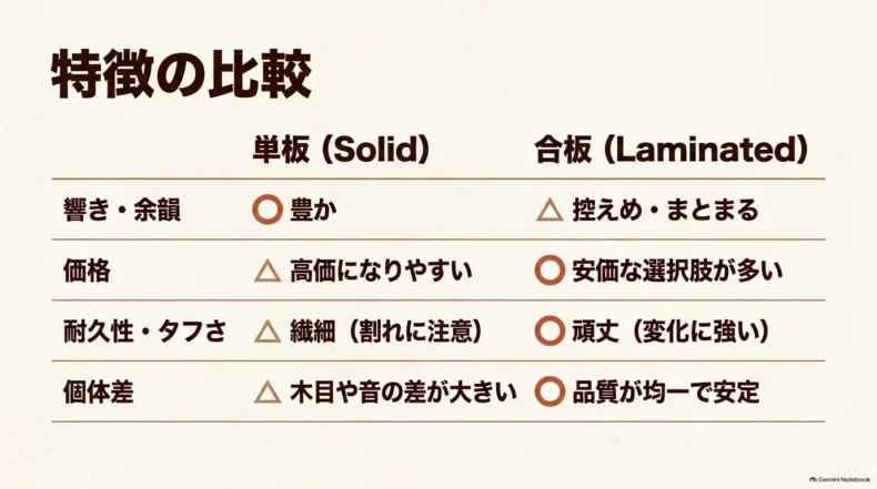 単板と合板について、響きや余韻、価格、耐久性、個体差の特徴を表形式で比較している