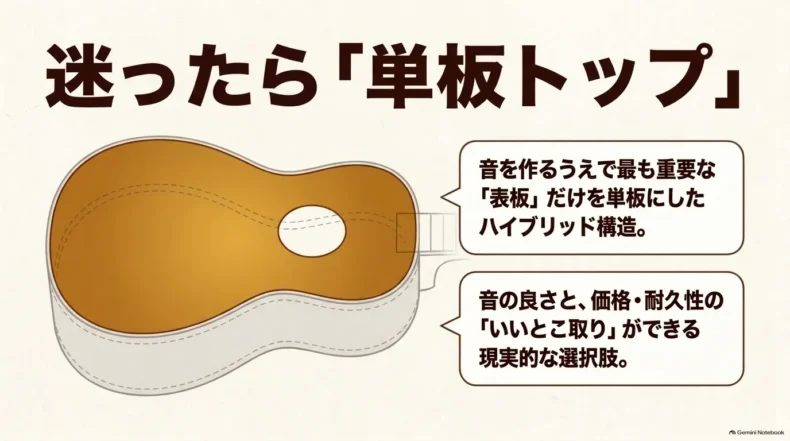 ウクレレの表板だけを単板にする単板トップを示し、音と価格や耐久性を両立する構造と説明している
