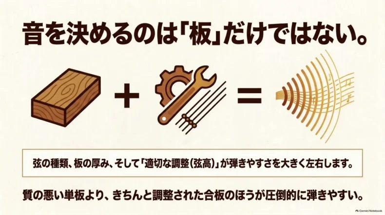 木材だけでなく弦の種類、板の厚み、弦高などの調整がウクレレの弾きやすさと音を左右すると示している