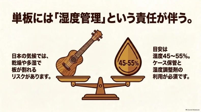 単板ウクレレと湿度45〜55%の目安を天秤で示し、ケース保管と湿度管理の必要性を説明している