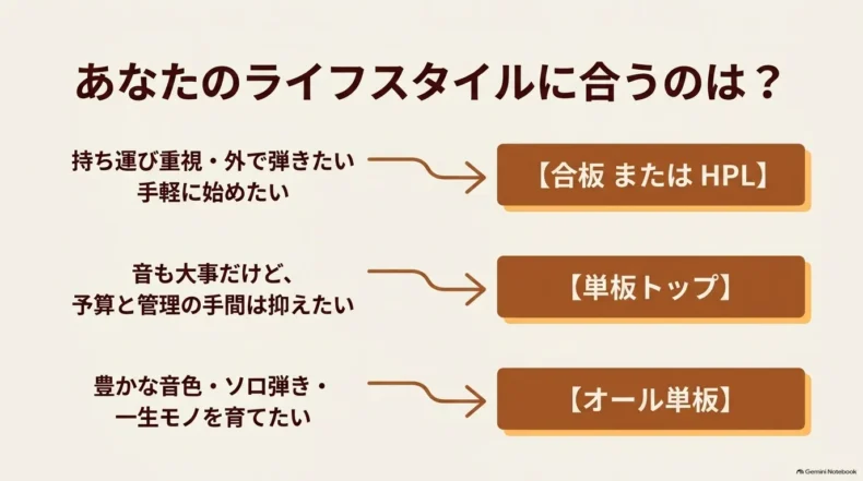 持ち運びや予算、音色へのこだわり別に、合板やHPL、単板トップ、オール単板を対応させている