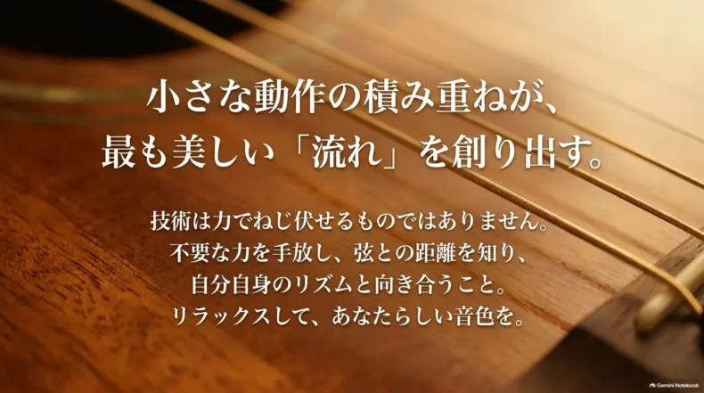 小さな動作を積み重ね、力を抜いて弦との距離と自分のリズムを整えることを示したまとめ