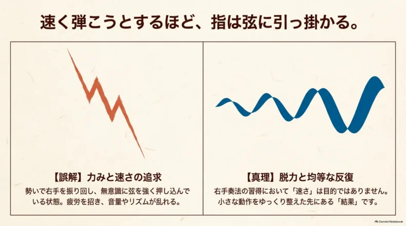 速さと力を追う弾き方と、脱力して小さな動きを均等に反復する弾き方を対比した説明
