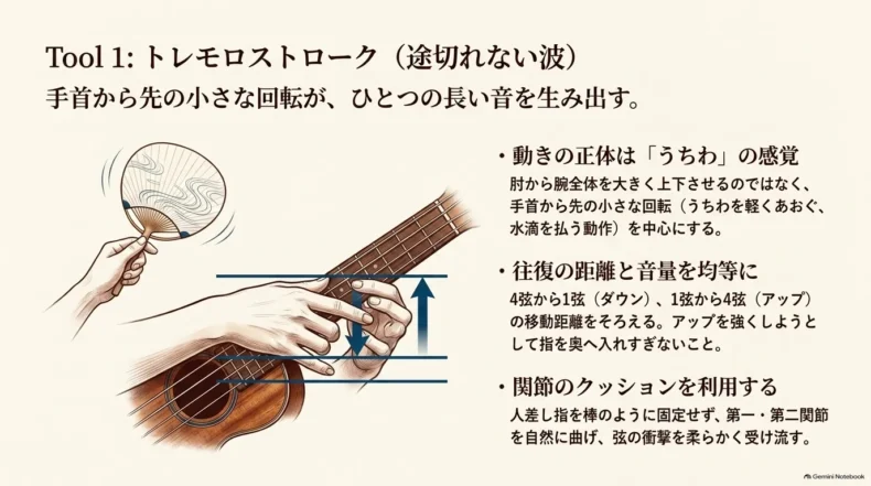 トレモロストロークで手首から先を小さく回転させ、ダウンとアップを均等に行う右手の動き