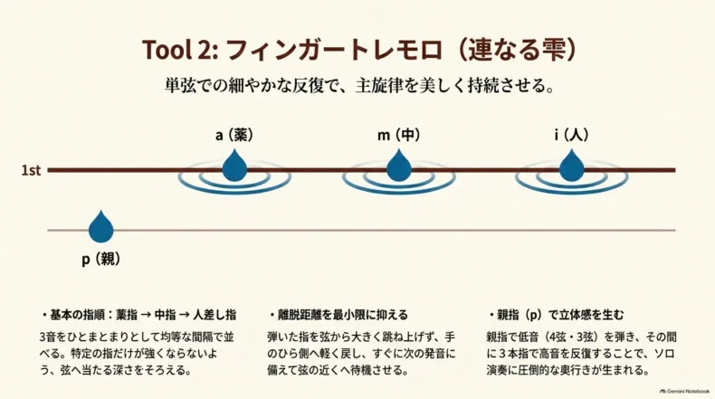 1弦を薬指、中指、人差し指の順で弾き、親指で低音を加えるフィンガートレモロの指順