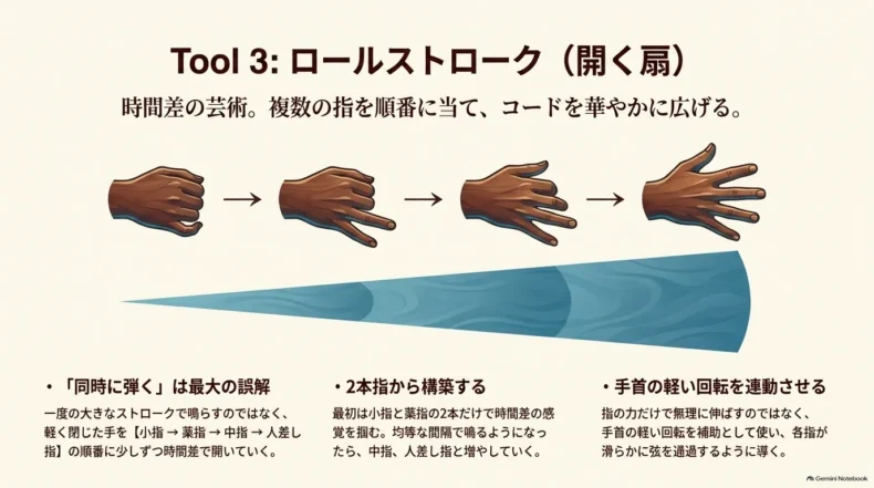軽く閉じた手を小指、薬指、中指、人差し指の順に開き、時間差で弾くロールストローク