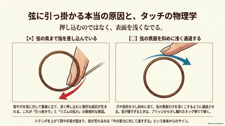 弦へ指を深く差し込む悪い当て方と、表面を斜めに浅く通過する正しいタッチの比較