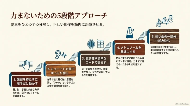 右手だけの動作からミュート、コード、メトロノーム、曲へ進む5段階の練習手順