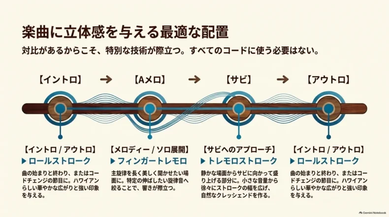イントロとアウトロにロール、Aメロにフィンガートレモロ、サビにトレモロを配置した例