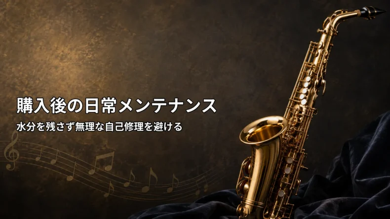 中古サックス購入後は水分を残さず適切な日常メンテナンスを続ける大切さを示した画像