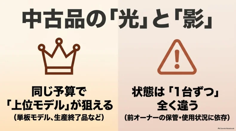 同じ予算で上位モデルを狙える利点と、個体ごとに保管や使用状況によって状態が異なる注意点