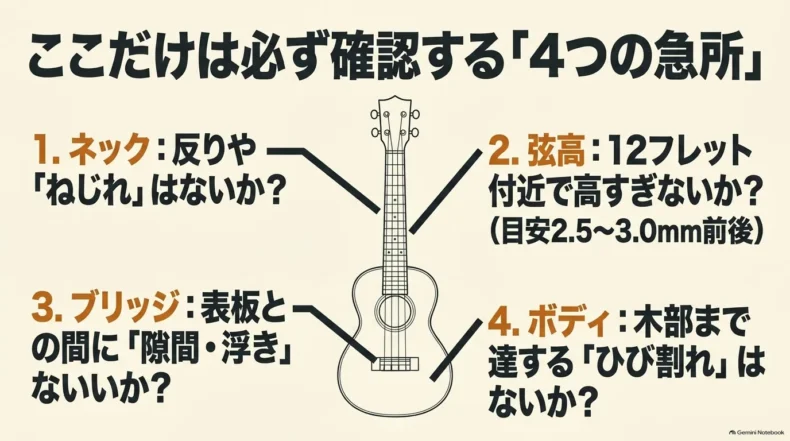 中古ウクレレで確認するネックの反りやねじれ、12フレット付近の弦高、ブリッジの浮き、木部のひび割れ