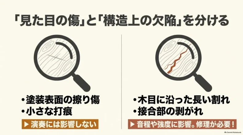 塗装表面の擦り傷や小さな打痕と、木目に沿う割れや接合部の剥がれを分けて確認する比較