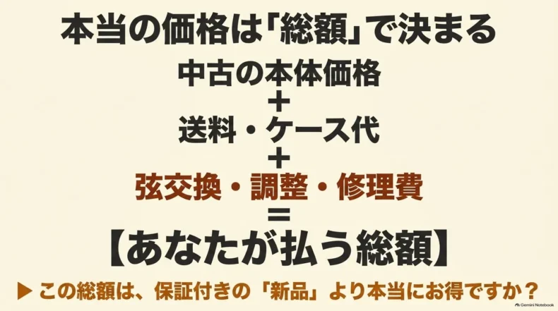 中古本体価格に送料やケース代、弦交換、調整、修理費を加えた総額で新品と比較する考え方