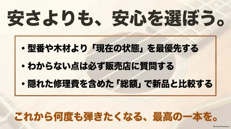 型番や木材より現在の状態を優先し、不明点を販売店へ質問して修理費を含む総額で新品と比較する要点