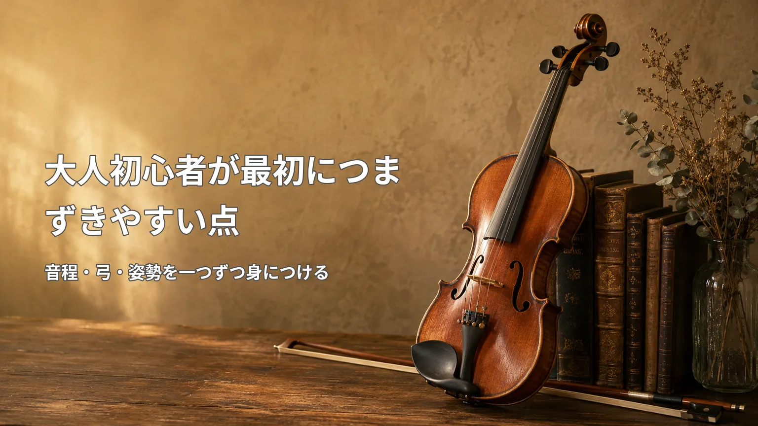 アンティーク調の背景にバイオリンを置き、「大人初心者が最初につまずきやすい点」と音程・弓・姿勢の注意点を示した画像