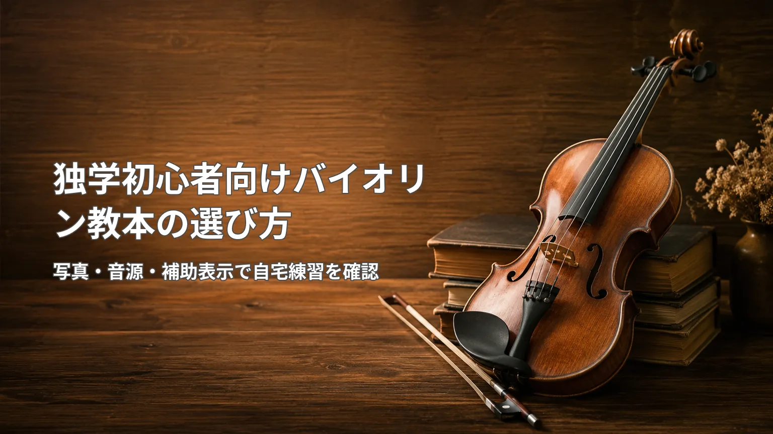 木製の机に置かれたバイオリンと教本を背景に、写真・音源・補助表示で自宅練習を確認する教本の選び方を示す画像