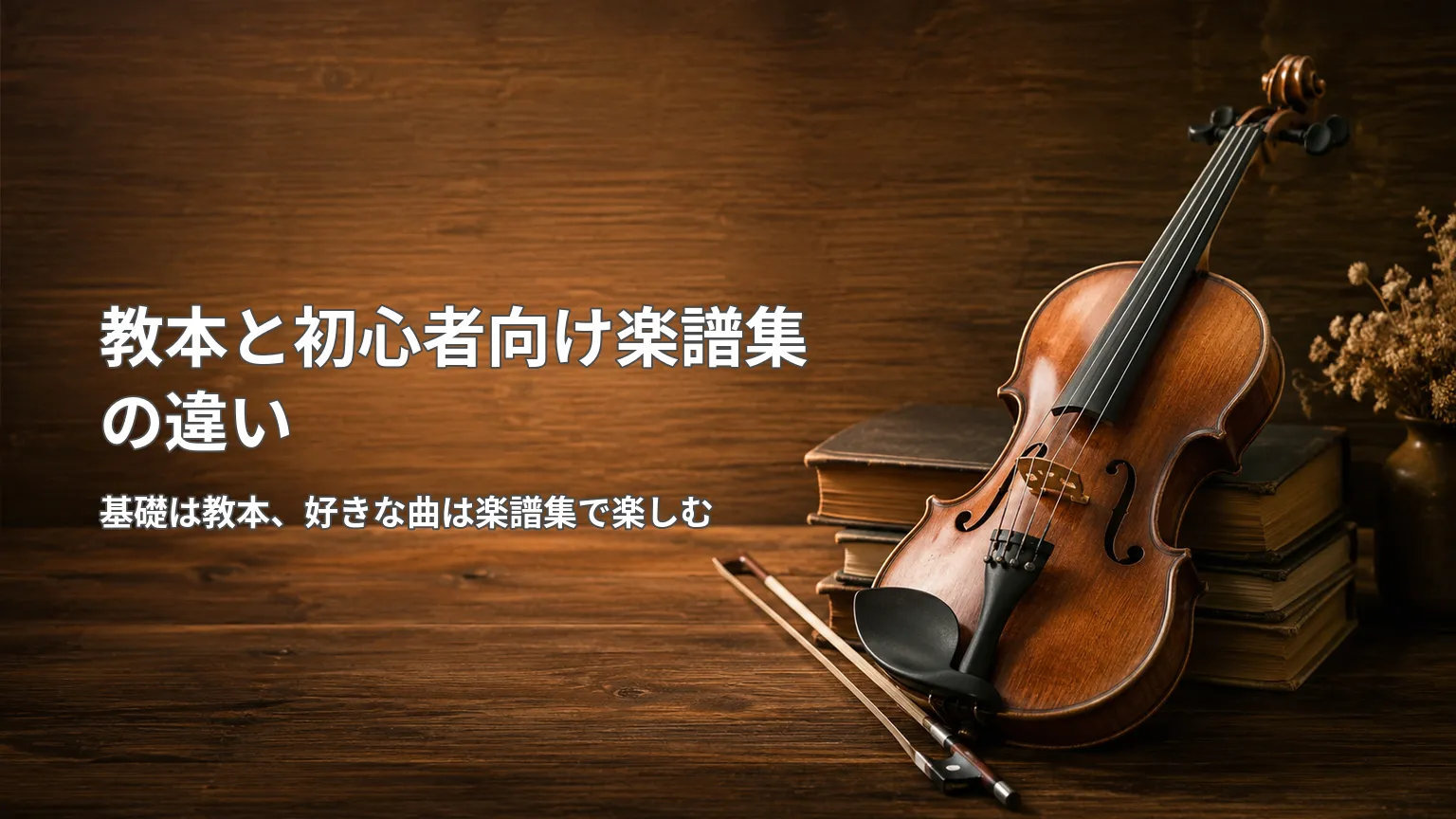 木製の机に置かれたバイオリンと教本を背景に、基礎を学ぶ教本と好きな曲を楽しむ初心者向け楽譜集の違いを示す画像