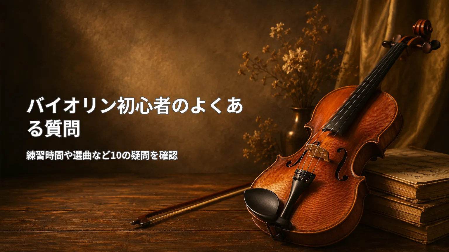 バイオリンを背景に「バイオリン初心者のよくある質問」と練習時間や選曲など10の疑問を確認する画像
