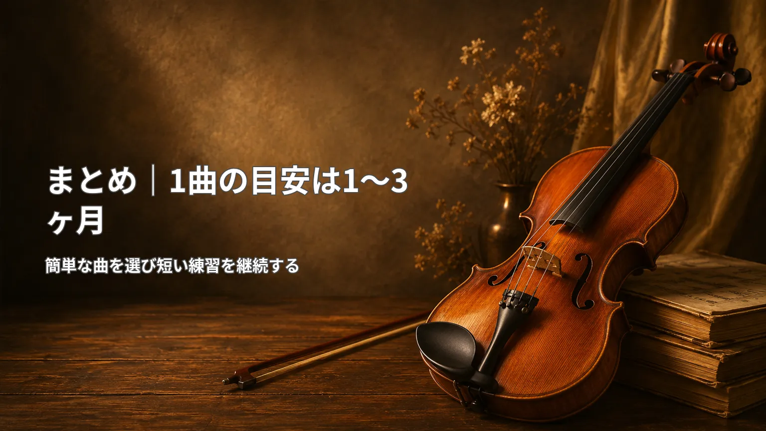 バイオリンを背景に「まとめ|1曲の目安は1〜3ヶ月」と簡単な曲を選び短い練習を継続する要点を示した画像