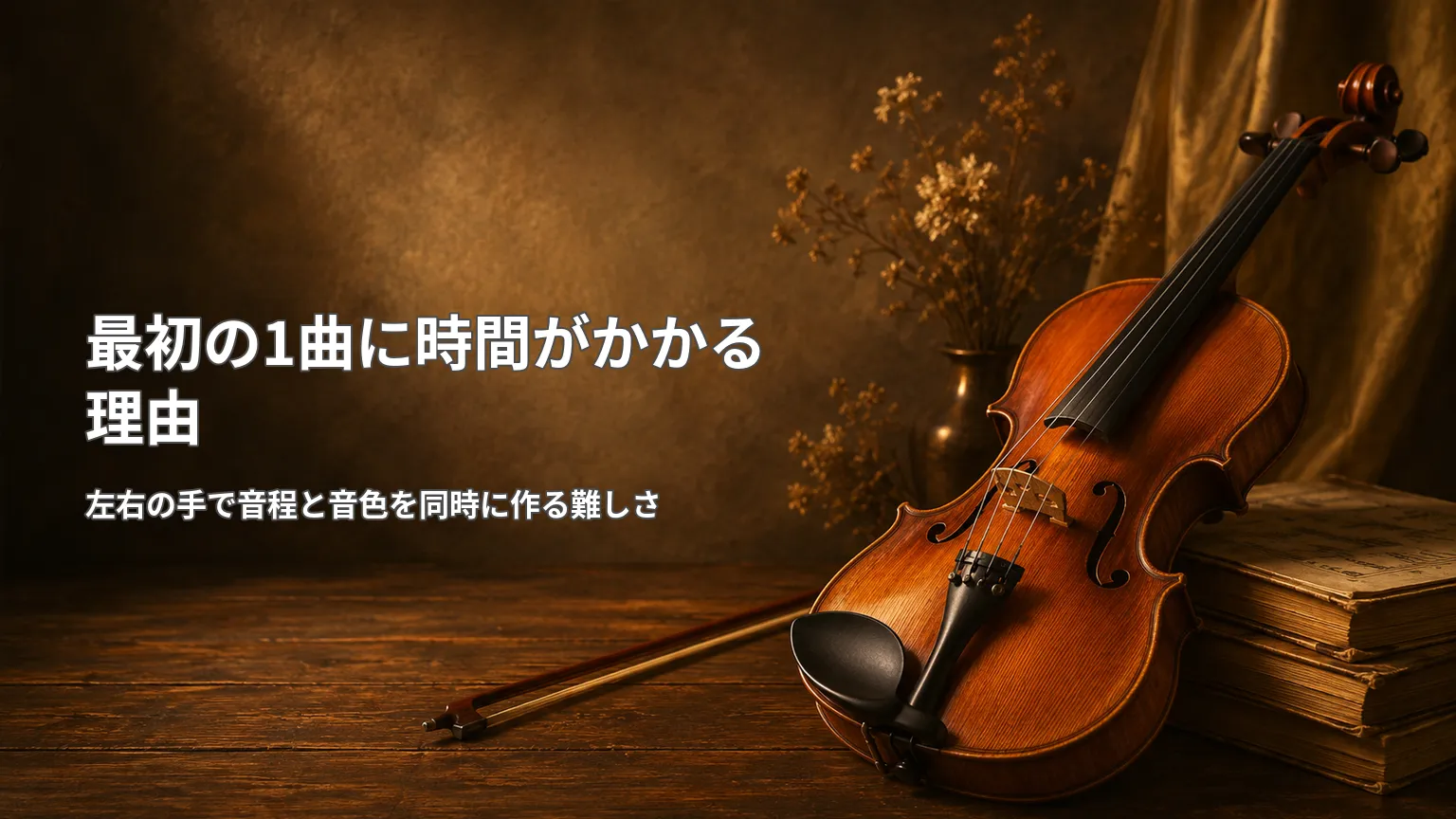 バイオリンを背景に「最初の1曲に時間がかかる理由」と左右の手で音程と音色を作る難しさを示した画像