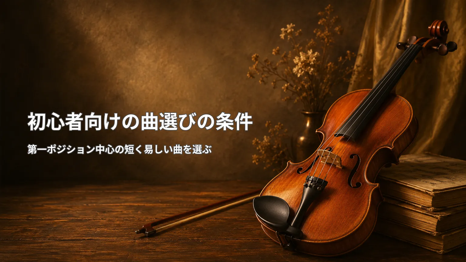 バイオリンを背景に「初心者向けの曲選びの条件」と第一ポジション中心の易しい曲を選ぶポイントを示した画像