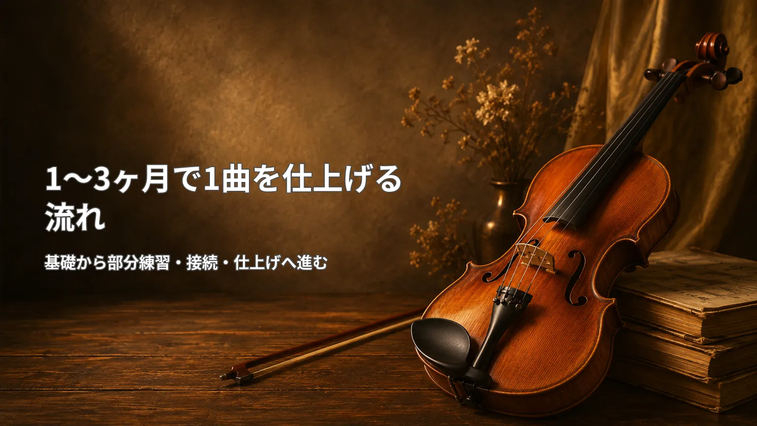 バイオリンを背景に「1〜3ヶ月で1曲を仕上げる流れ」と基礎から部分練習、接続、仕上げへ進む流れを示した画像