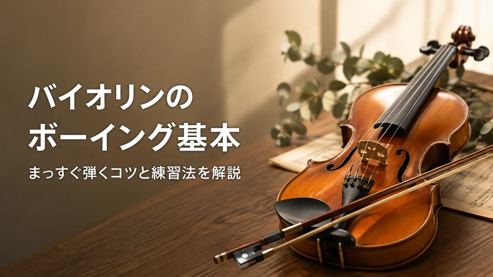 バイオリンと弓を配置し、ボーイングの基本とまっすぐ弾く練習法を表現したアイキャッチ画像
