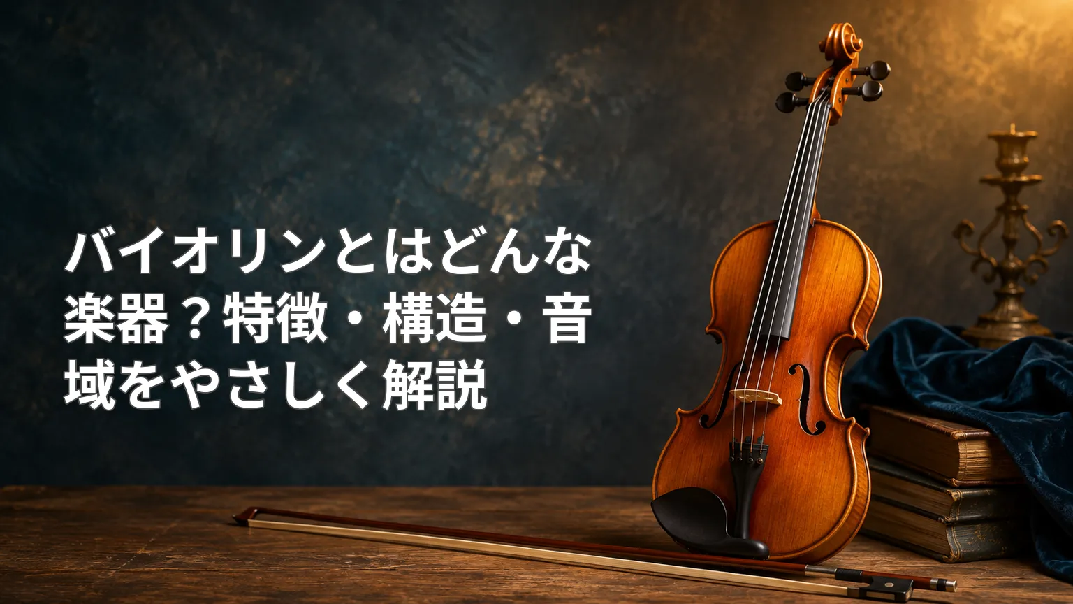 暗い背景の中、木製のバイオリンと弓を配置し、「バイオリンとはどんな楽器？特徴・構造・音域をやさしく解説」と示した画像