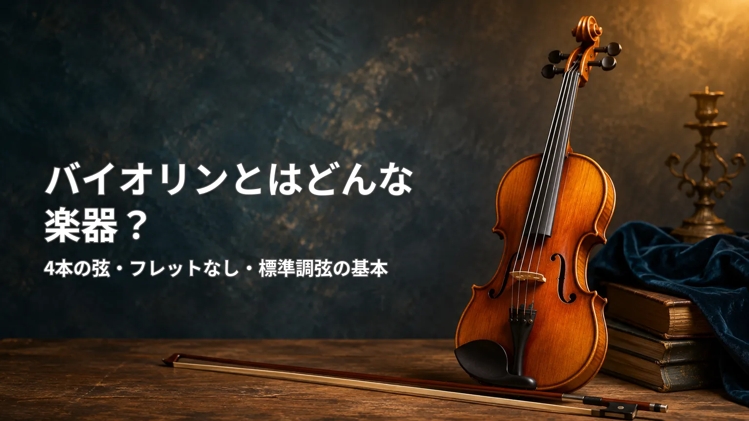 暗い背景に木製のバイオリンと弓を置き、「バイオリンとはどんな楽器?」と4本の弦・フレットなし・標準調弦の基本を示した画像