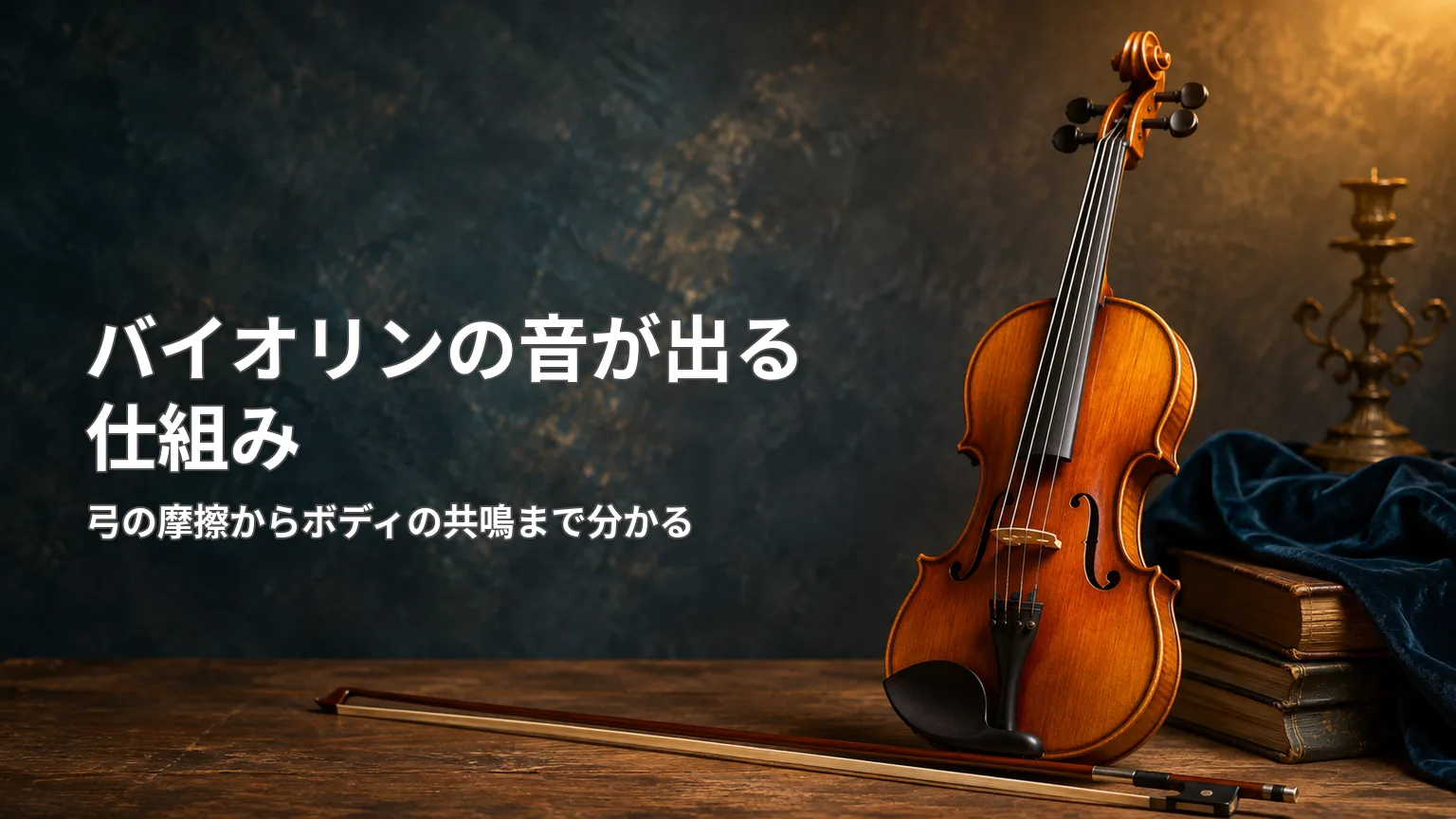 暗い背景に木製のバイオリンと弓を配置し、「バイオリンの音が出る仕組み」と弓の摩擦からボディの共鳴までを示した画像