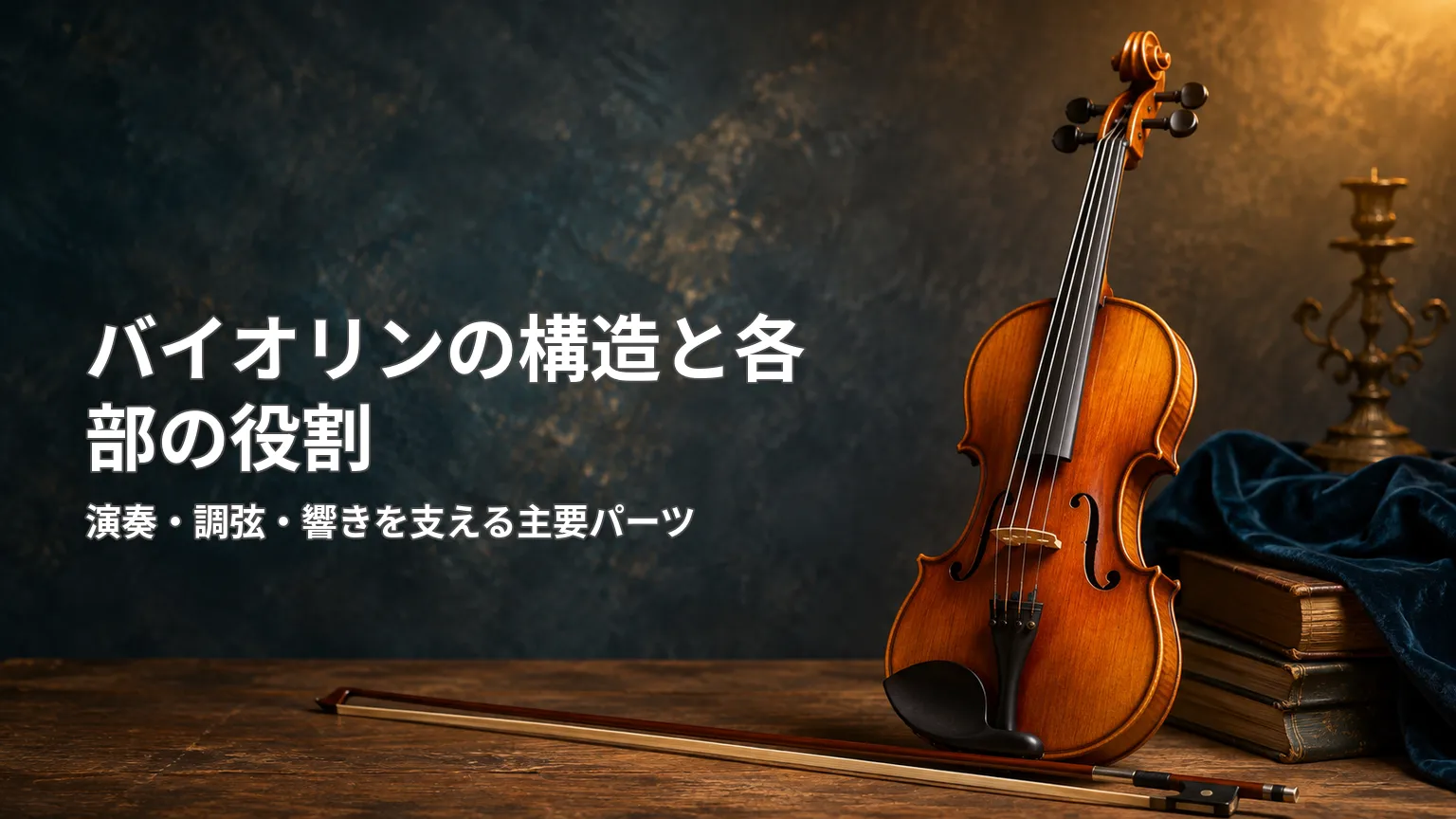 暗い背景に木製のバイオリンと弓を配置し、「バイオリンの構造と各部の役割」と演奏・調弦・響きを支える主要パーツを示した画像