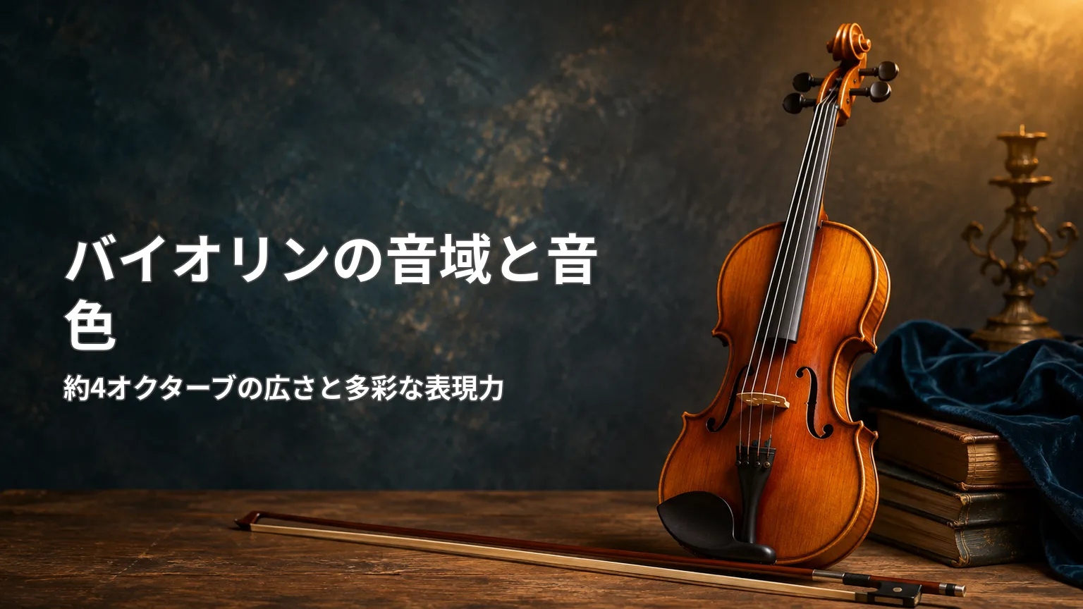 暗い背景に木製のバイオリンと弓を配置し、「バイオリンの音域と音色」と約4オクターブの広さや多彩な表現力を示した画像