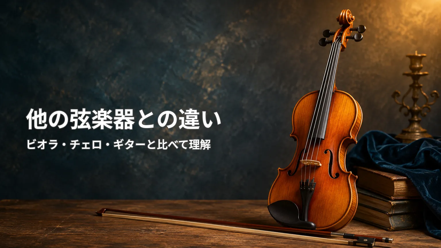暗い背景に木製のバイオリンと弓を配置し、「他の弦楽器との違い」とビオラ・チェロ・ギターとの比較を示した画像