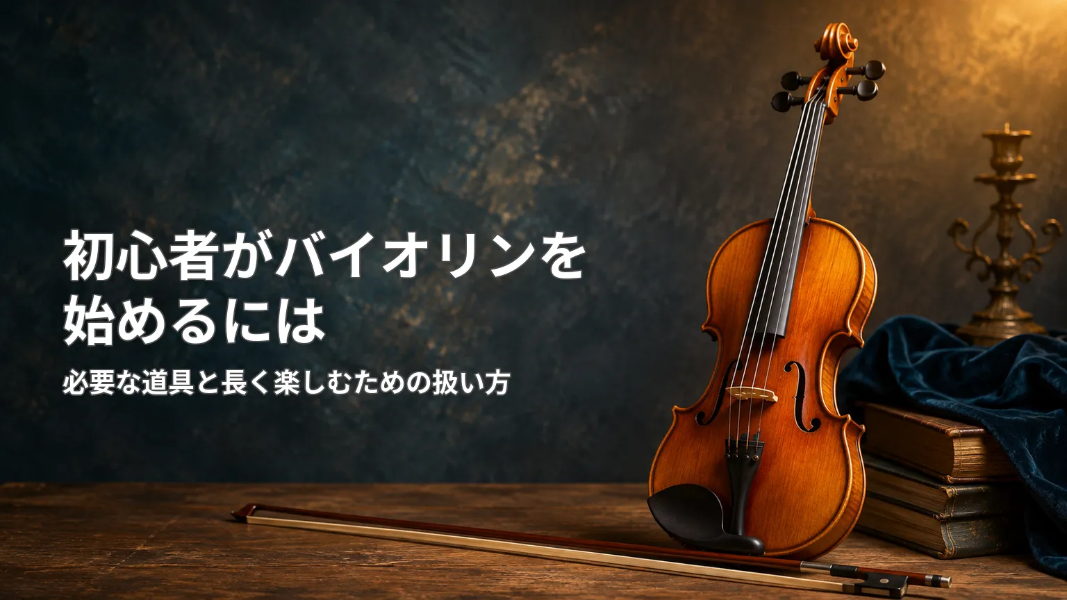 暗い背景に木製のバイオリンと弓を配置し、「初心者がバイオリンを始めるには」と必要な道具や長く楽しむための扱い方を示した画像