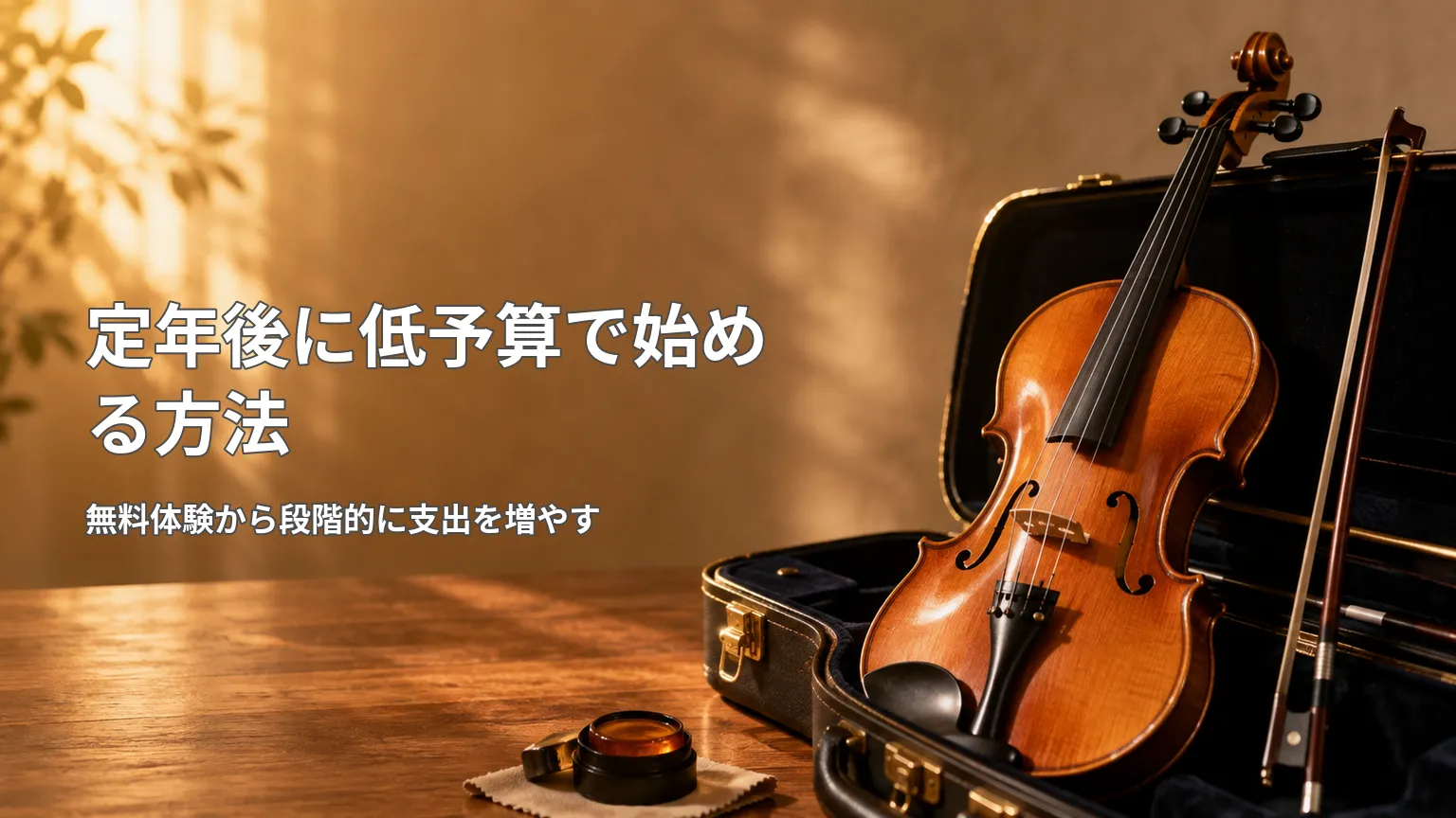 ケースに収めたバイオリンと弓を背景に、無料体験から段階的に支出を増やす定年後の低予算な始め方を示す画像