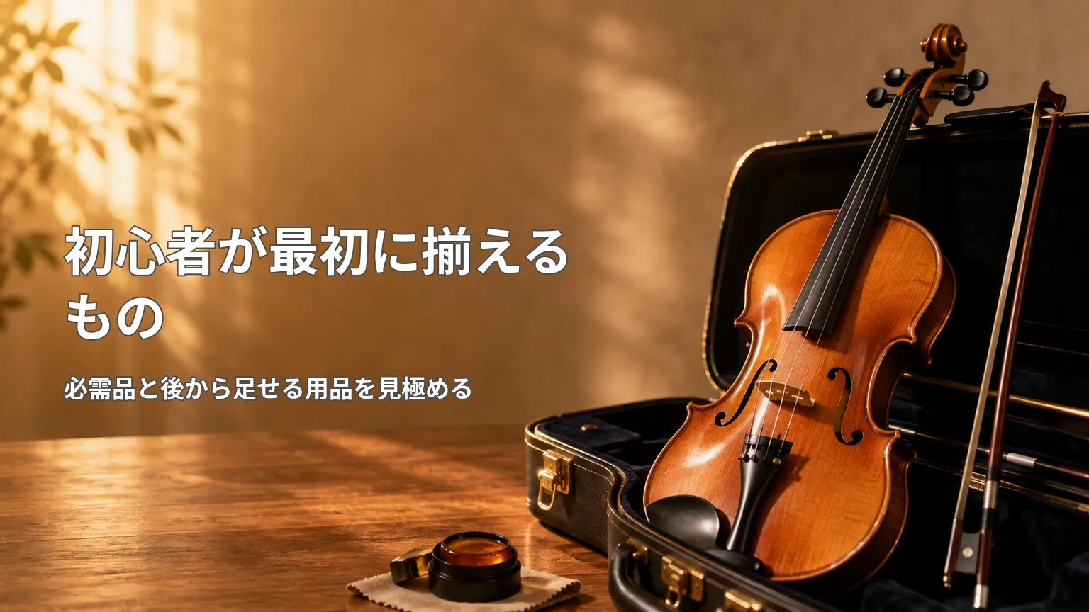 ケースに収めたバイオリンと弓を背景に、初心者が最初に揃える必需品と後から足せる用品を示す画像
