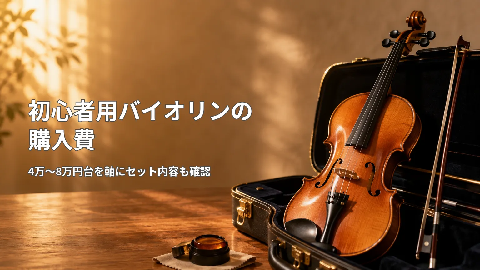 ケースに収めたバイオリンと弓を背景に、初心者用バイオリンの購入費と4万~8万円台の目安を示す画像