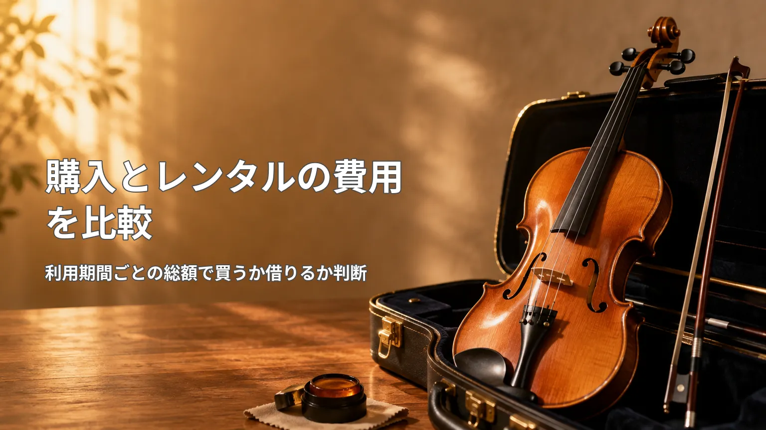 ケースに収めたバイオリンと弓を背景に、バイオリンの購入とレンタルを利用期間ごとの総額で比較する画像